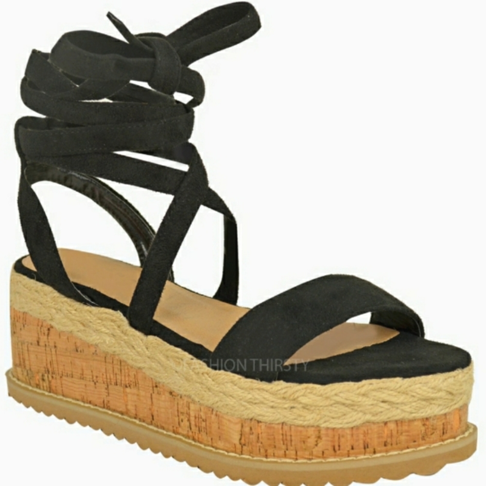 COPY - 🌱 Retro Flatform Cork Espadrille Wedge Sandal Lace Up Black Size 5/6